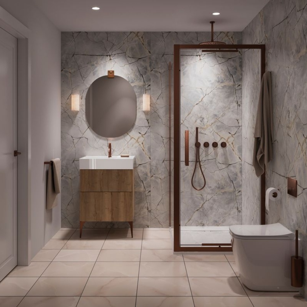 Lifestyle image of the Showerwall Laminate Roma Marble 2440mm x 579mm Proclick Hydrocore Wall Panel - SW93 installed across a bathroom wall with corner shower enclosure, vanity unit with basin, and back to wall toilet